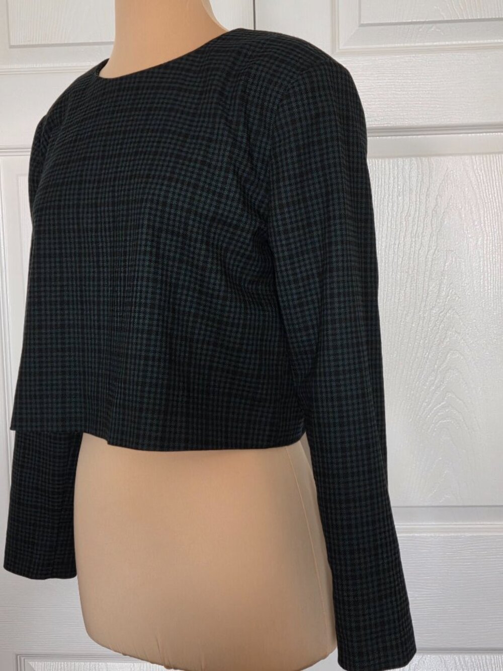 Ann Taylor Dark Green Plaid Long-Sleeve Cropped Jacket Blouse - Picture 8 of 16